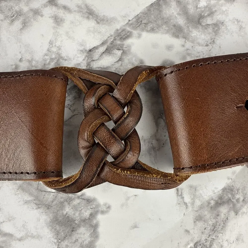 Fossil Womens‎ Brown Tan Herringbone Woven Wide Belt Brown Leather Buckle Size L
